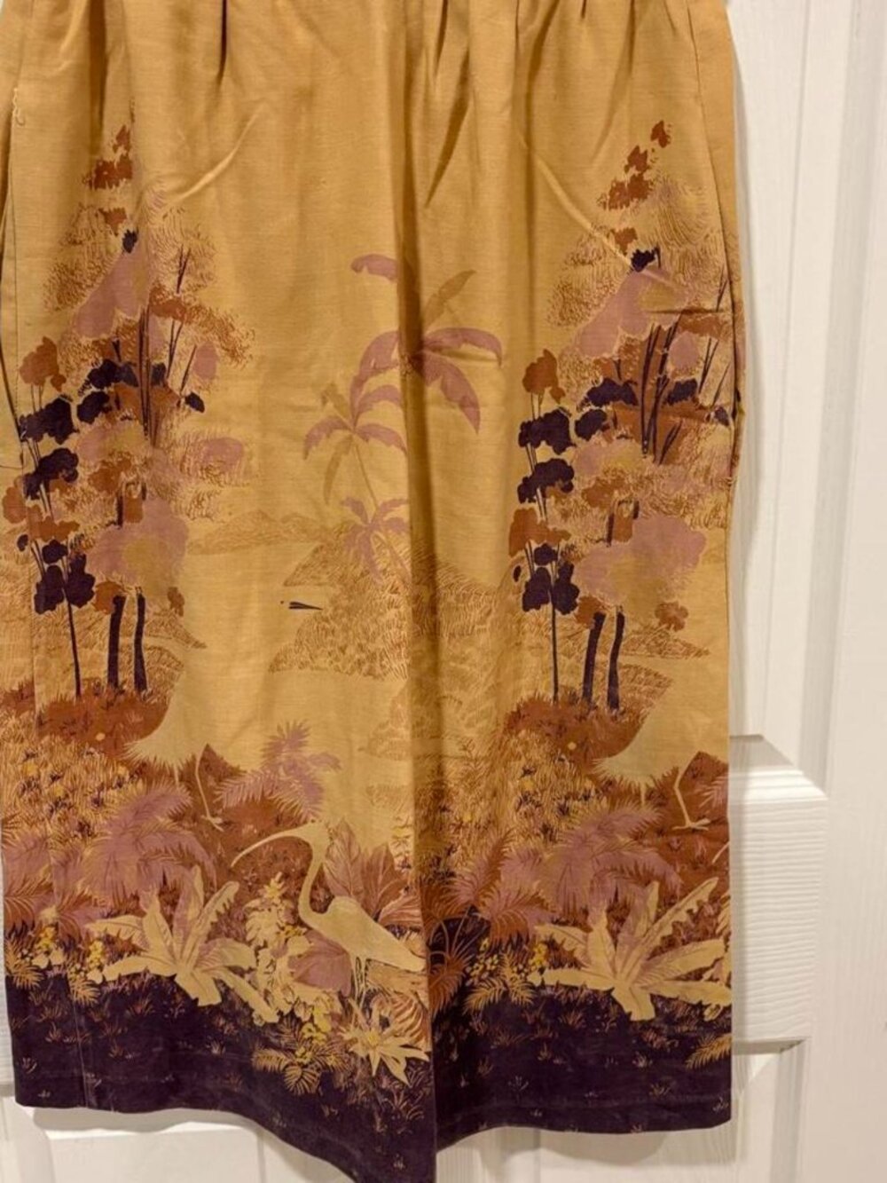 Vintage Tan Purple Floral Midi Skirt Elastic Waist Women's XS Boho Cottagecore